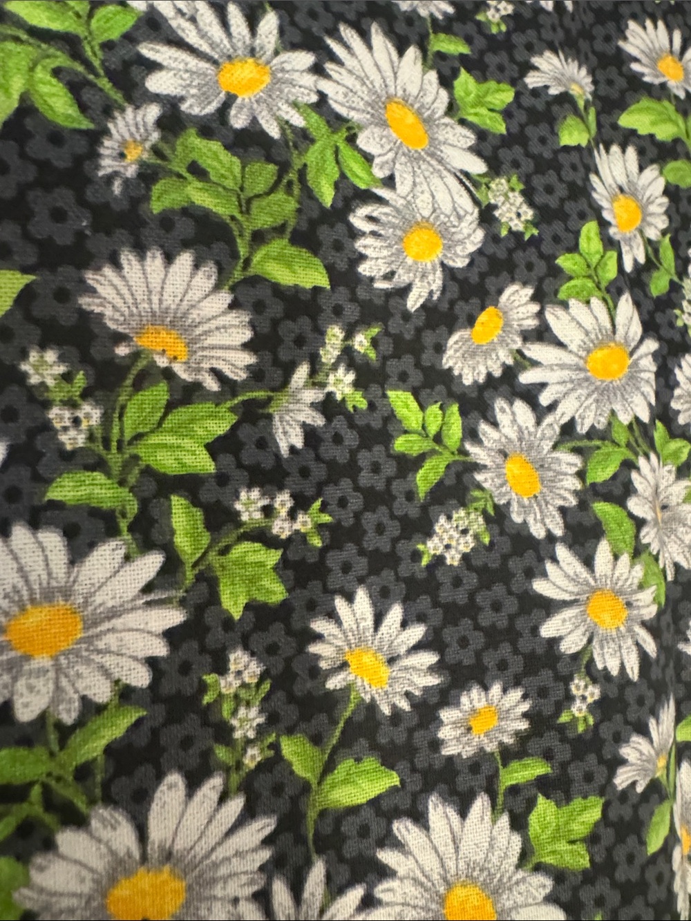 55”x22” Floral Daisy Cotton FABRIC - White & Green on Black